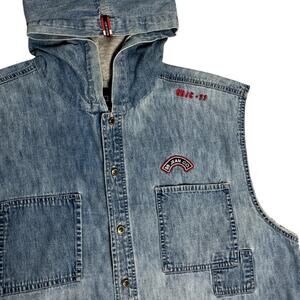 Bugle Boy Vintage Denim Vest Men XL Light‎ Wash Patched Hood Logo Patch Grunge